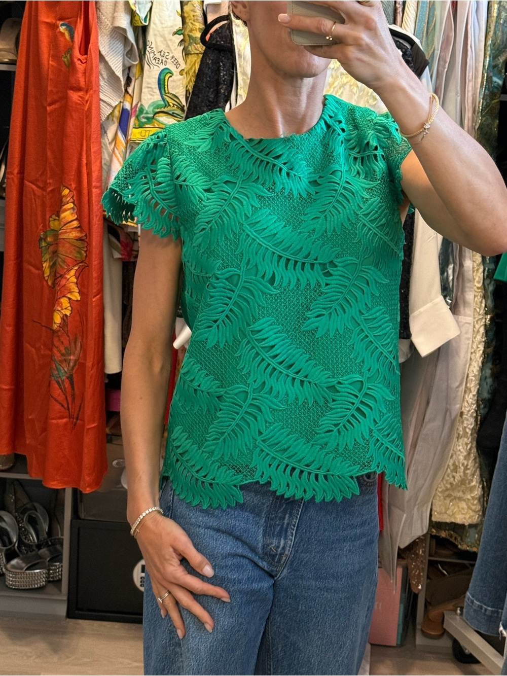 Milly Green Leaf-Pattern Lace Short Sleeve Top